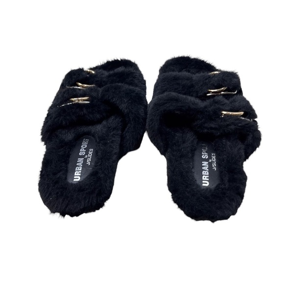 Urban Sport by J Slide Babee Faux Fur Sandal Slide Black Size 8 Double Buckle - Picture 4 of 9